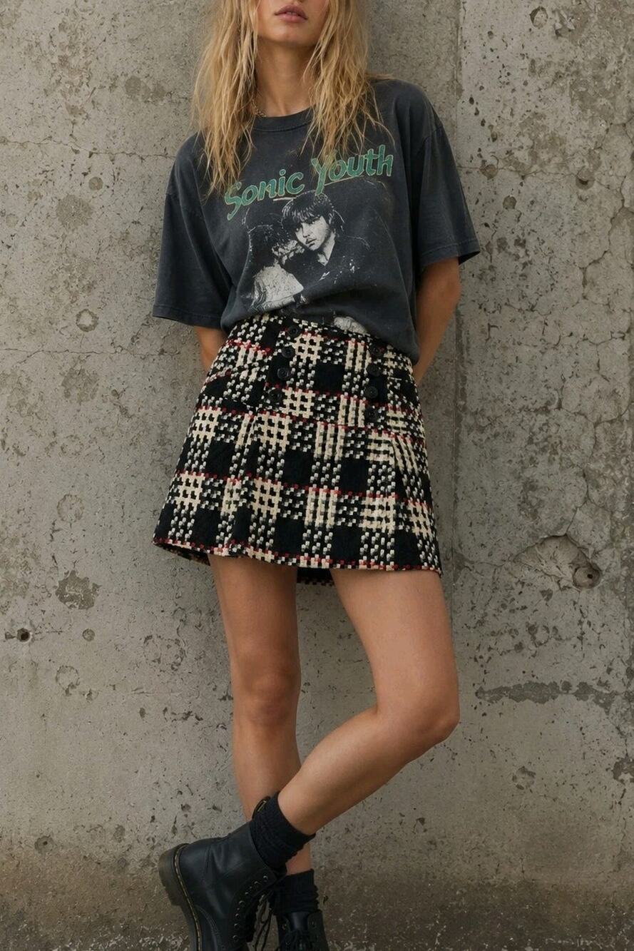 Portmans Australia Mini Skirt Size 8 Plaid Check Button Front Grunge Preppy Y2K